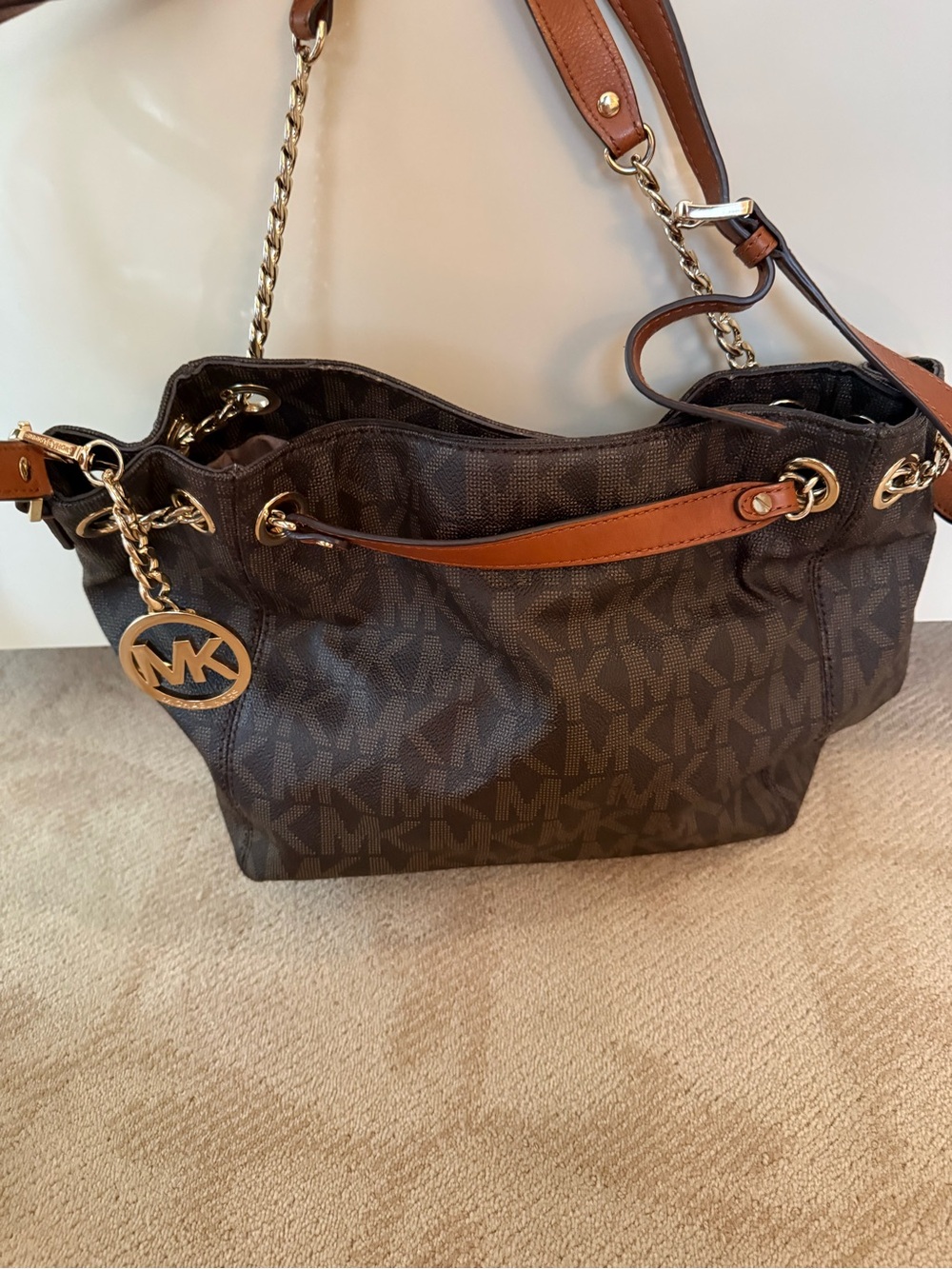 Michael Kors Brown MK Logo Shoulder Tote with Gold Chain Trim